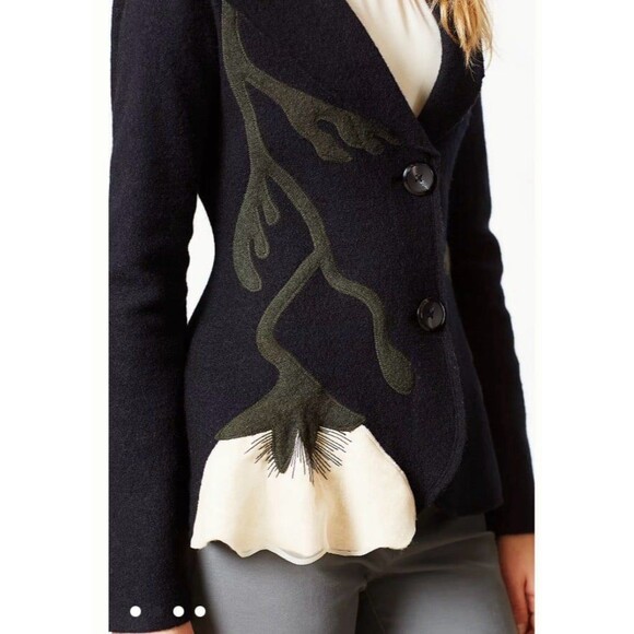 Anthropologie Rosie Neira Moonflower Blue Green Boiled Wool Jacket Sweater L - Picture 2 of 8